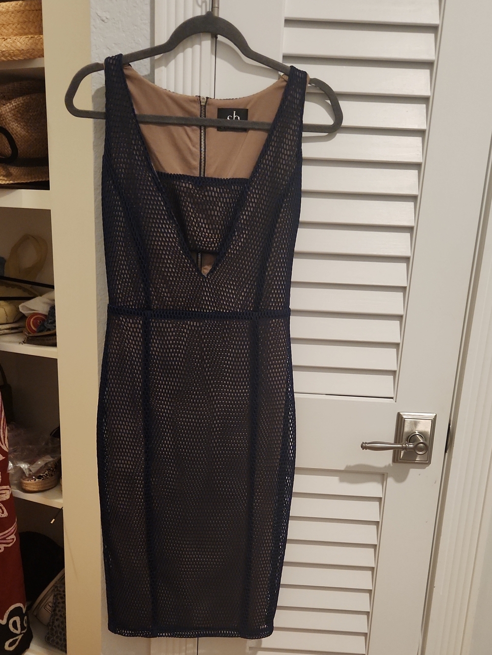 Sheri Bodell Navy Mesh Midi Dress with Nude Underlay